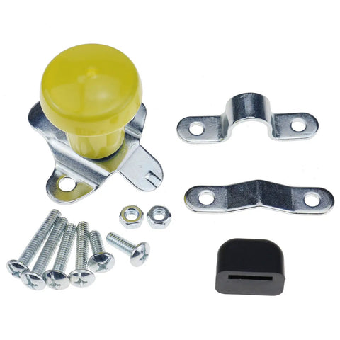 Top Shelf Yellow Vinyl Steering Wheel Spinner Knob With Ball Bearing components including yellow knob, metal brackets, and screws for lawn tractors.