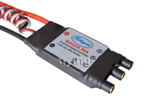 SimonK 30A Brushless ESC Speed Controller With BEC 2A for Multirotor Drones Quadcopters showing gold female plugs.