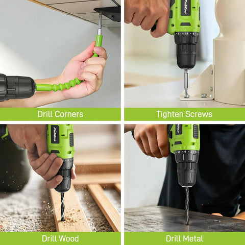 Hella Durable 299 Piece Tool Set With 12V Cordless Drill And Slick Hand Tools, Portable Toolbox With Drawer For DIY Repairs And Home Maintenance Kickin Storage Space Ready To Roll, showing drilling in wood and metal.