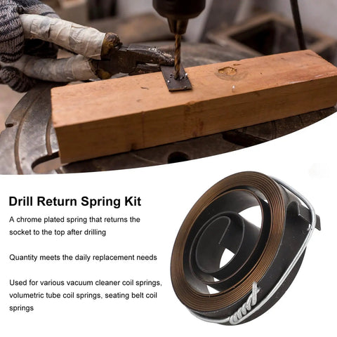 Beefy Bench Drill Press Quill Return Spring Kit Two Piece Set, Chrome Plated Steel Spring Return Coil shown near drill.