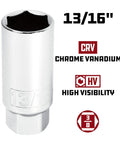 Close-up of 13/16" socket from Three Eighth Inch Drive Spark Plug Socket Set Six Point Deep Thin Wall Five Piece Metric And SAE Chrome Vanadium Gray Finish