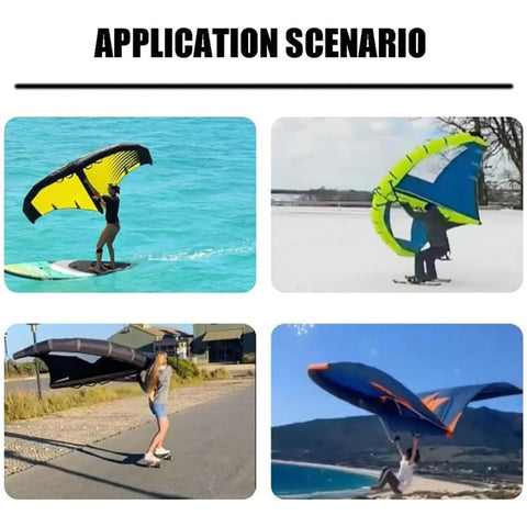 Application scenarios of Inflatable Windsurfer Wing With Clear View Window for various water and land sports.