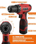 108 Piece Cordless Tool Kit Set With Sixteen Point Eight Volt Drill LED Work Light And DIY Hand Tools, drill features labeled
