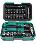 Knockout Metric Ratchet Wrench Set Featuring 10 Sockets Spanning 4 To 13 Millimeters, two sturdy extensions, and precision driver bits in case.