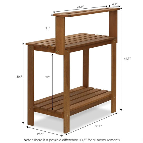 Tioman Outdoor Potting Bench In Natural Hardwood For Small Patios And Balconies With A Tall Open Frame And Slatted Shelves That Drain Water