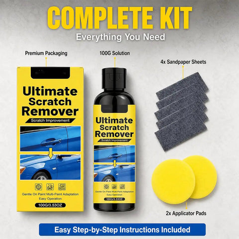 Hassle Free Auto Scratch Remover And Polish Kit includes 100G solution, 4 sandpaper sheets, and 2 applicator pads.
