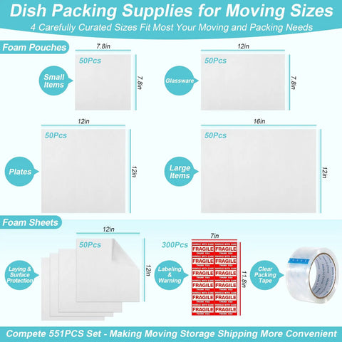 Heavy Duty Dish Packing Kit For Moving With Thick Foam Pouches And Cushion Sheets Paired With Fragile Stickers And Clear Tape To Lock Down Your Belongings And Guarantee A No Sweat Relocation Experience, includes 4 sizes of foam pouches and sheets for safe packing.