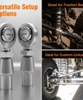 Tough As Nails 3/8 Inch Chromoly Steel Rod End Heim Joint Kit designed for steering and suspension jobs, showing versatile setup options.