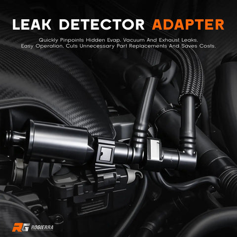 Universal EVAP Vapor Leak Detector Adapter Set Works With All Smoke Machines, showcasing black adapters on vehicle emission lines.