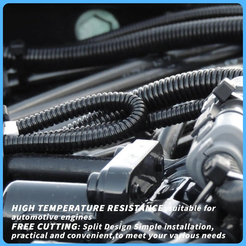 Automotive engine with Split Wire Loom Tubing Kit With Five Size Options demonstrating cable protection and organization