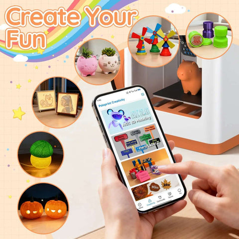 Plug And Play Beginner Friendly Open Source 3D Printer With WiFi Cloud Printing, showing miniatures and phone control setup