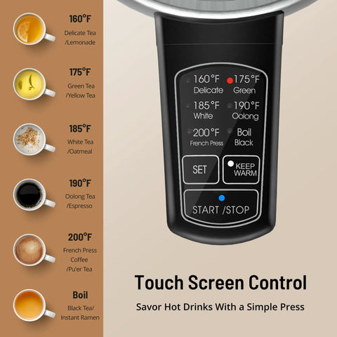 Touch screen panel of Six Preset Temperature Electric Kettle With Dope Precision Control, 1.7L Stainless Steel.