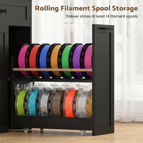All In One 3D Printer Cabinet With Slick Rolling Filament Storage Drawer For Large Printers And Sweet Workshop Setup, showing colorful spools in drawer.