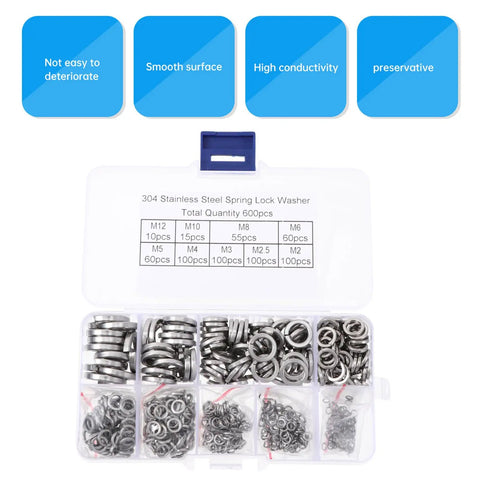600 Piece Stainless Steel Spring Lock Washer Set M2 To 12mm Sizes With Plain And Split Washers For Bolts Screws Industrial Fastening Applications Heavy Duty Kit, 304 steel organizer case
