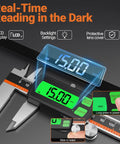 Type-C Rechargeable Digital Caliper With Stainless Steel Vernier showing measurement on large backlit LCD with USB charging.