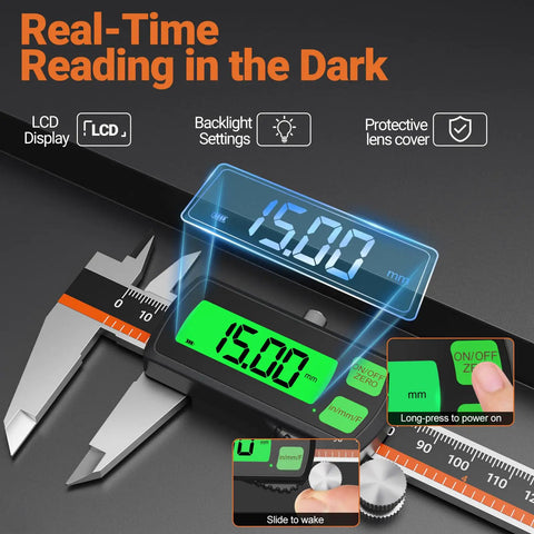 Type-C Rechargeable Digital Caliper With Stainless Steel Vernier showing measurement on large backlit LCD with USB charging.