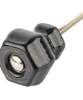 Top Notch Depression Era Hexagonal Black Milk Glass Drawer Knob With Old School Vibe And Timeless Reproduction Quality One Inch Quarter Diameter Ideal For Antique Cabinet Repair And Dresser Updates Easy Mounting Hardware Set close-up showing hexagonal shape and shiny black glass finish.