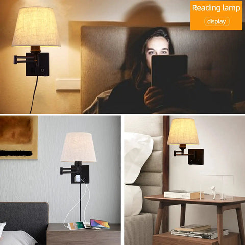 Must Have Bedside Wall Lamp With Dimmable Switch And USB Outlet Swing Arm Fabric Shade Sconce In Black For Bedroom Living Room Or Hotel Plug In Cord Included on bedside with woman reading