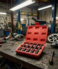 Rock Solid Five Piece Extended Thin Wall Impact Socket Set With Narrow Profile Design For Tough Car Wheel Maintenance And Automotive Repairs in red case