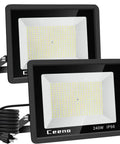Two Pack 240W LED Flood Light Outdoor, 24000 Lumens, IP66 Waterproof, Plug In With Switch and 5.9ft Wire, showing wire and plug