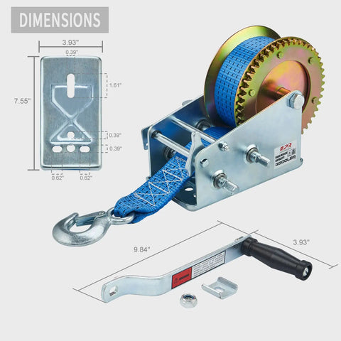 Diagram of Beefy 3500 Lb Boat Winch with 32ft Blue Strap, 2-speed hand winch, galvanized steel, carbon steel gear, and dimensions.