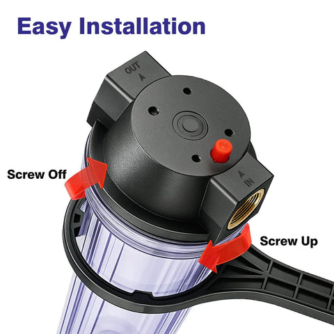 Close-up of clear Ten Inch Whole House Slim Water Filter Housing With Pressure Relief Valve Three Quarter Inch NPT Brass Ports