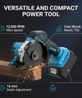 Heavy Duty Cordless Angle Grinder And Mini Circular Saw Pumping 12000 RPM For Badass Cuts Through Wood Metal Tile And Plastic on a wooden beam.