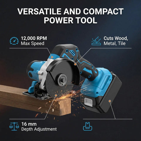 Knockout 3 Inch Cordless Mini Circular Saw And Angle Grinder Hybrid With Beast Mode Power Control cutting through wood with sparks.