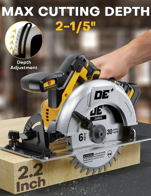 Top Tier 6 1 2 Inch Cordless Circular Saw With Brushless Motor And 8000 Rpm showing depth adjustment via handle on wood.