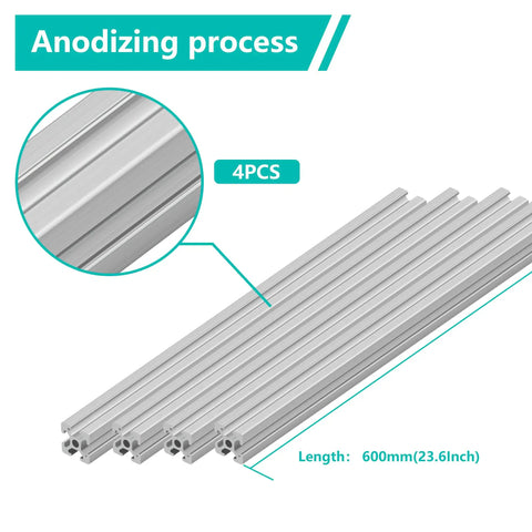 Rock Solid 2020 T Slot Aluminum Extrusion Profile And Linear Rail Guide Set For 3D Printers And CNC Machines, 4PCS anodized silver, 600mm.