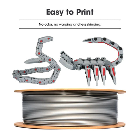PLA Basic Filament 1.75mm for Fast 3D Printing, 1kg spool, high fluidity PLA shown with printed scorpion model, white color