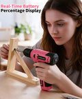 No Sweat Cordless Drill Driver Kit Featuring 62 Piece Precision Screwdriver Bit Set With Live Battery Percentage Display For Effortless Home Repairs And Weekend Construction Tasks being used to fasten wooden pieces.