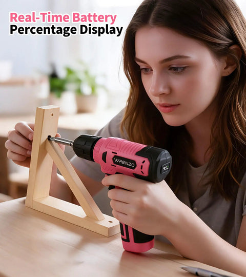 No Sweat Cordless Drill Driver Kit Featuring 62 Piece Precision Screwdriver Bit Set With Live Battery Percentage Display For Effortless Home Repairs And Weekend Construction Tasks being used to fasten wooden pieces.