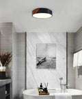 Bathroom with Sleek Modern Black Flush Mount Ceiling Light With 2 Lights, Mid Century Round Wood Accent Fixture