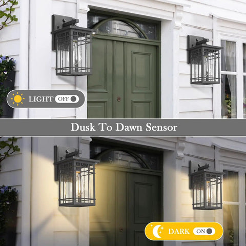Dusk To Dawn Exterior Wall Lights with Built In Sensor, showing day and night function on a porch with seeded glass panels, 2 pack.