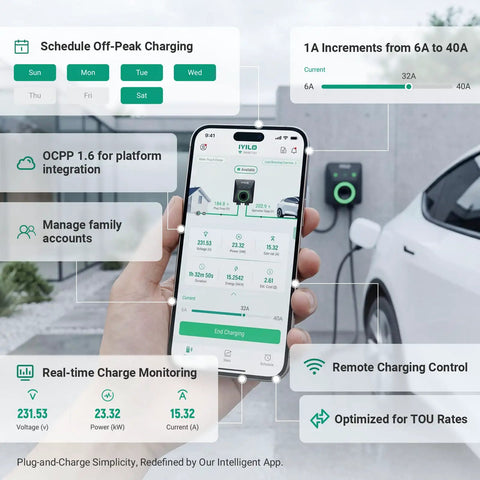 Image of a smartphone displaying charging control features for Plug And Play Level 2 Ev Charger 40 Amp Electric Vehicle Charging Station Nema 1450P Plug.
