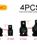 Badass Four Piece Impact Socket Adapter Reducer Set with quarter, three-eighth, and half inch drive sizes in CR-MO steel