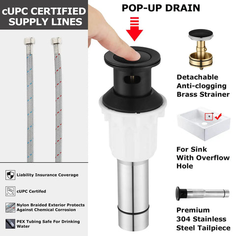 Brass Single-Handle Bathroom Sink Faucet With Escutcheon, Pop Up Drain, And Water Supply Hoses, Matte Black Finish, Corrosion-Resistant
