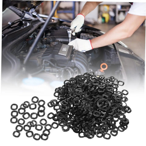 500 Piece Wave Washers Kit Compression Type Spring Steel Gaskets For Automotive, Plumbing, And Home Use, Boosts Stability, Prevents Loosening, Elasticity, And Impact Resistance. Black wave washers for automotive engine repair.