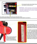 Two Line Price Tag Gun With A To Z Letters, 20 Digits Per Line, showing alphabet and number dials, red design, labeler parts visible.
