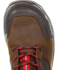 Rugged Composite Toe Work Boots Featuring Hella Comfort Rebound Support With Full Waterproof Shield And Killer Non Slip Oil Resistant Grip For Tough Job Sites top view showing brown leather upper and red accented laces.