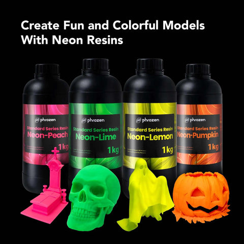 Hella Vivid 405nm UV Curing 3D Printer Resin For Dlp Lcd Printers, 1kg bottles of Neon-Peach, Lemon, Lime, and Pumpkin with colorful prints.