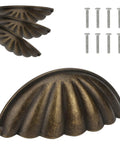 Four Pack Bronze Semicircle Cabinet Pulls Featuring Heavy Duty Zinc Alloy Build And Hella Tough Grip For Kitchen Drawers With Killer Bronze Top Shelf Hardware At Two And A Half Inch Center To Center Spacing, showing three pulls and mounting screws.