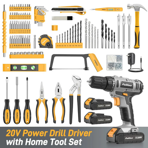20V Cordless Power Drill Kit With Dual Speed Motor And Two Rechargeable Batteries Featuring Hella Tough Electric Screwdriver Led Work Light 199 Piece Home DIY Toolkit on a workbench setup with various tools.