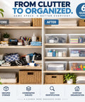 Clear Plastic Storage Bins With Tight Snap On Lids 6 Quart Stackable Boxes organized on shelves for tidy home setup.