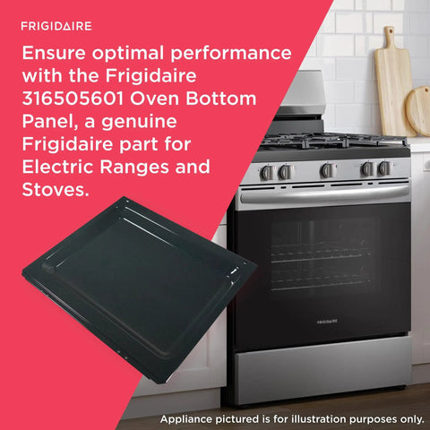 Bottom Panel Replacement For Electric Ranges And Stoves, Black, Built Tough, Easy Install next to a modern oven in a kitchen.