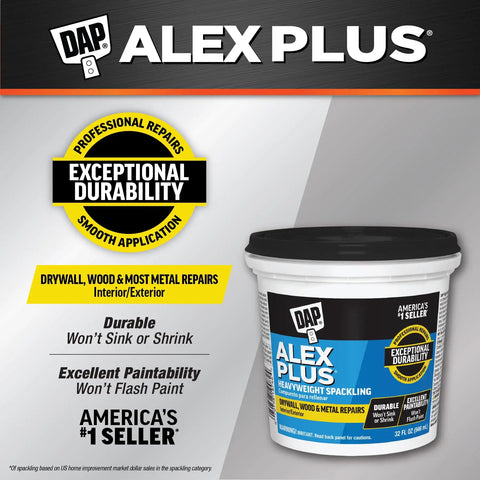 Alex Plus Spackling White 32 Oz Quick Dry Patch for drywall, wood, metal displayed with labeled packaging and features