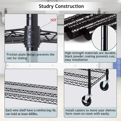 Heavy Duty Rolling Wire Shelving Unit Six Tier Adjustable Steel Storage Rack With Smooth Casters Commercial Grade NSF Certified construction details.