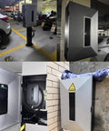 Hella Tough Outdoor EV Charger Enclosure Waterproof Keypad Lock Galvanized Steel Pedestal Dock in parking garage setting.