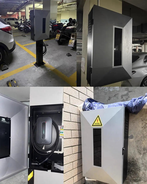 Hella Tough Outdoor EV Charger Enclosure Waterproof Keypad Lock Galvanized Steel Pedestal Dock in parking garage setting.